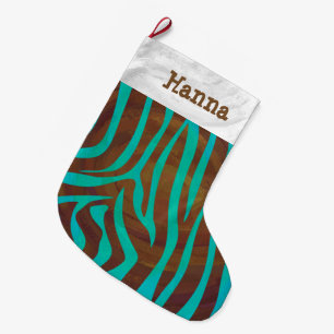 Zebra bruin en Blauwgroen met monogram Grote Kerstsok