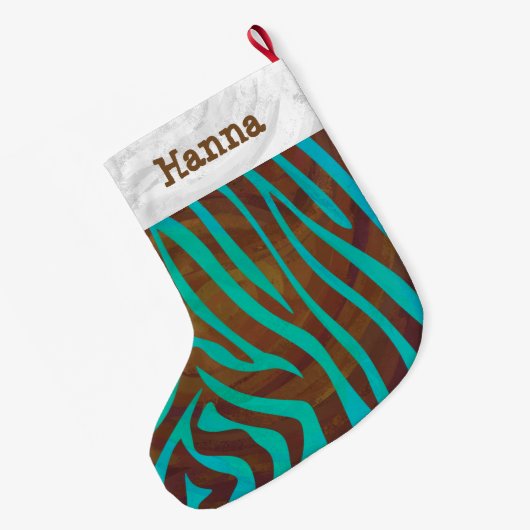 Zebra bruin en Blauwgroen met monogram Grote Kerstsok (Achterkant (Hangend))