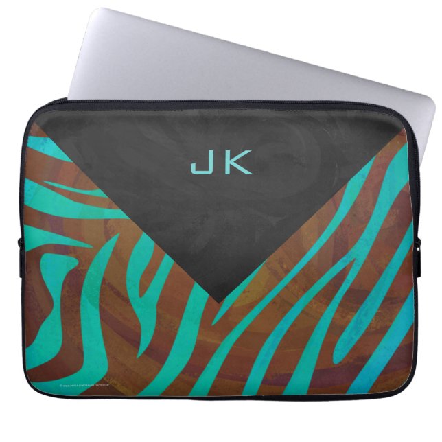 Zebra bruin en Blauwgroen met monogram Laptop Sleeve (Voorkant)