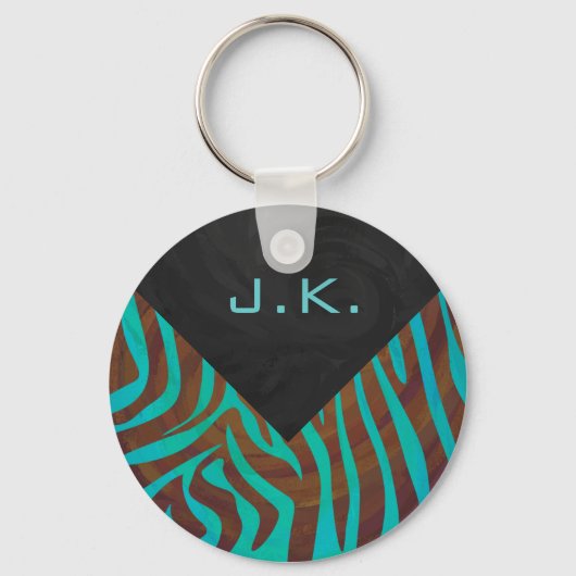 Zebra bruin en Blauwgroen met monogram Sleutelhanger (Voorkant)