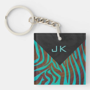 Zebra bruin en Blauwgroen met monogram Sleutelhanger