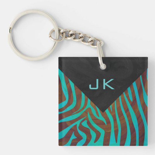Zebra bruin en Blauwgroen met monogram Sleutelhanger (Voorkant)