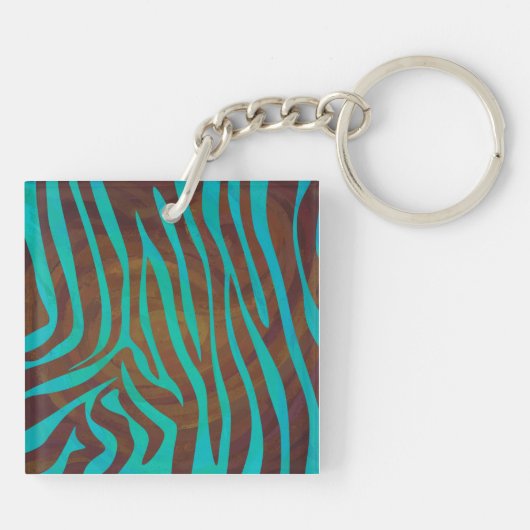 Zebra bruin en Blauwgroen met monogram Sleutelhanger (Achterkant)