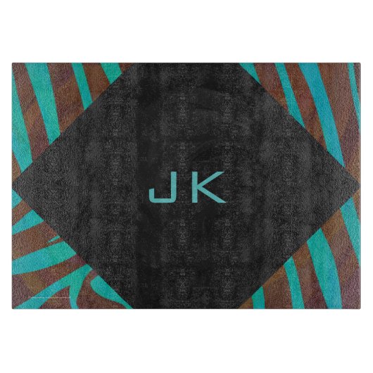 Zebra bruin en Blauwgroen met monogram Snijplank (Voorkant)