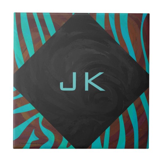 Zebra bruin en Blauwgroen met monogram Tegeltje (Voorkant)