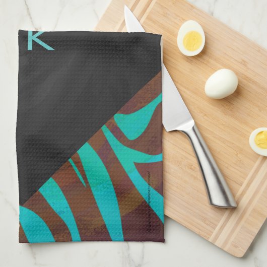 Zebra bruin en Blauwgroen met monogram Theedoek (Quarter Fold)