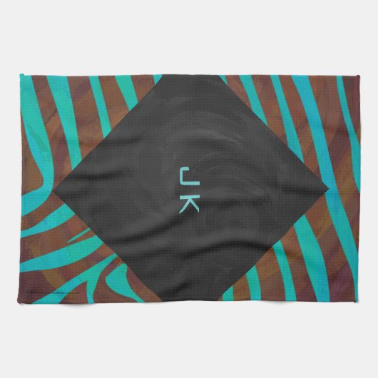 Zebra bruin en Blauwgroen met monogram Theedoek (Horizontaal)