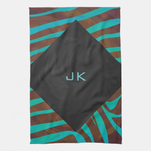 Zebra bruin en Blauwgroen met monogram Theedoek (Verticaal)