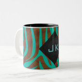Zebra bruin en Blauwgroen met monogram Tweekleurige Koffiemok (Voorkant links)