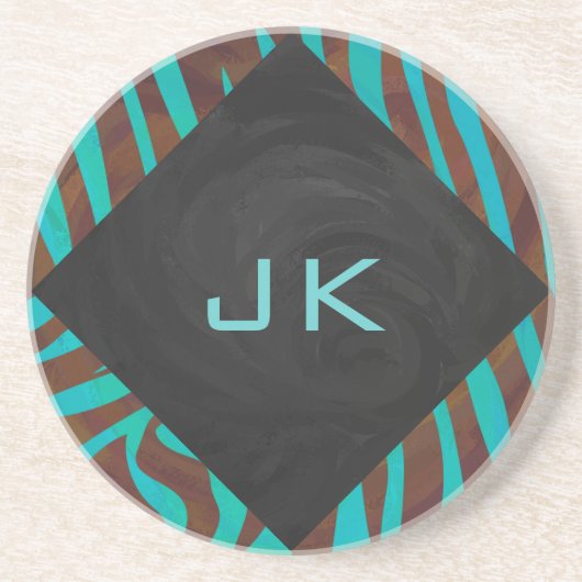 Zebra bruin en Blauwgroen met monogram Zandsteen Onderzetter (Voorkant)