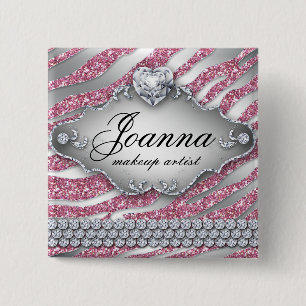 Zebra Button Naam Tag Make-up Artist Pink Glitter