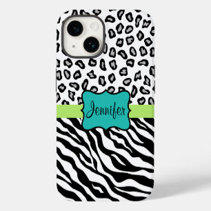 Zebra Cheetah Luipaard Huid Zwart Wit Teal Naam iPhone 14 Hoesje