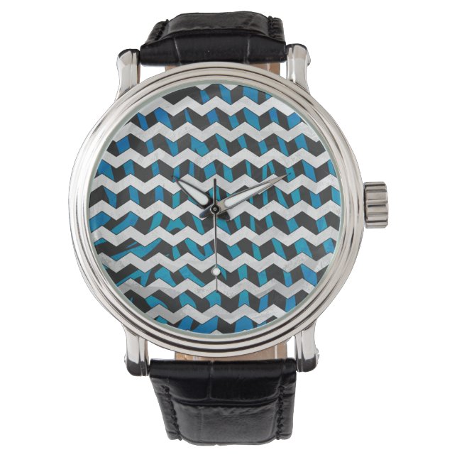 Zebra Chevron Black en Blue Horloge (Voorkant)
