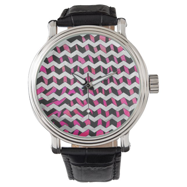 Zebra Chevron Black en Hot Pink Horloge (Voorkant)
