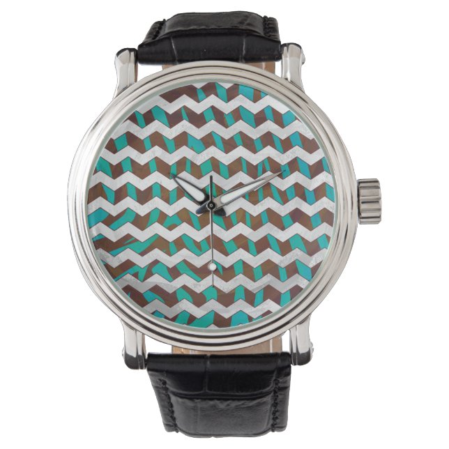 Zebra Chevron Brown en Blauwgroen print Horloge (Voorkant)