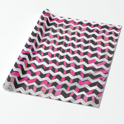 Zebra Chevron Zwart en Felroze Cadeaupapier (Uitgerold)
