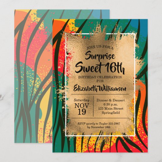 Zebra Colorful Sweet 16th Birthday Invitations (Voorkant / Achterkant)