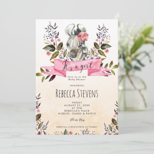 zebra cub bloemenmeisje baby shower uitnodiging (Staand voorkant)
