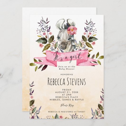 zebra cub bloemenmeisje baby shower uitnodiging (Voorkant / Achterkant)