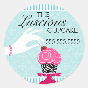 Zebra Cupcake Blauwgroen Damask Bakkerij Seals Ronde Sticker