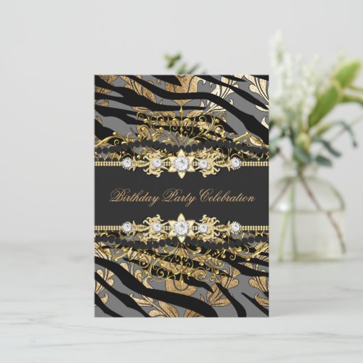Zebra Damask Gold Black Folie Beige Elegant Party Kaart (Staand voorkant)