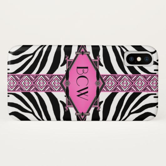 Zebra Deco Pink Diamond Monogram Case-Mate iPhone Case (Achterkant (horizontaal))