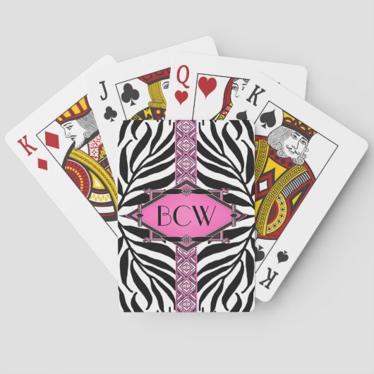 Zebra Deco Pink Diamond Monogram Pokerkaarten (Achterkant)