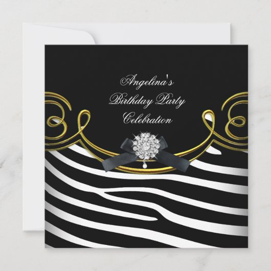 Zebra Dier Zwart Wit Goud Verjaardagsfeest Kaart (Voorkant)