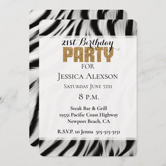 Zebra Dierenprint Gouden Glitter 21e Verjaardag Kaart (Voorkant / Achterkant)
