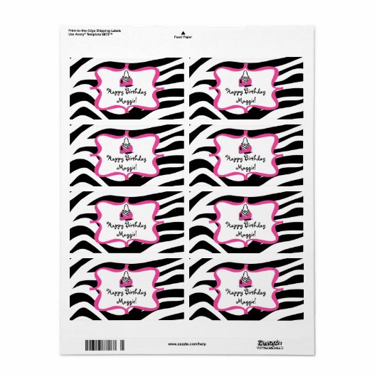 Zebra Diva Spa Verjaardag Waterfles Label (Full Sheet)