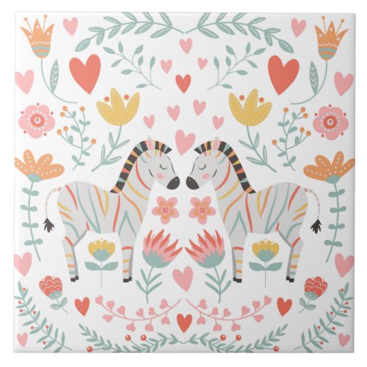 Zebra en bloemen kleurrijke Scandinavische Folk Ar Tegeltje (Voorkant)