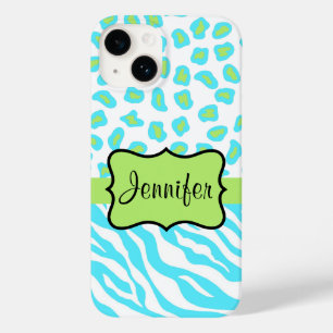 Zebra en Cheetah Skin Turquoise Blue Green Name Case-Mate iPhone 14 Hoesje