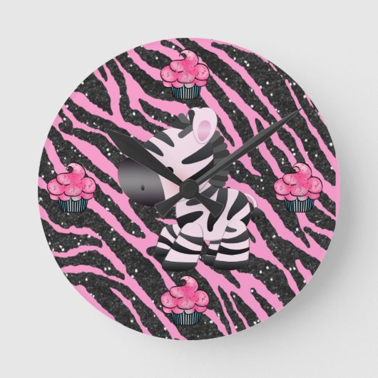 Zebra- en cupcakes Roze en zwarte glitter Animal P Ronde Klok (Voorkant)