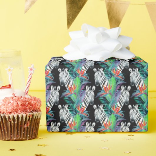 Zebra en exotische bloemen cadeaupapier (Verjaardagsfeest)