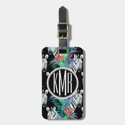 Zebra en exotische bloemen | Monogram Bagagelabel (Voorkant verticaal)
