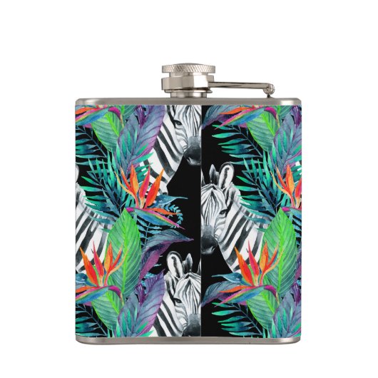 Zebra en exotische bloemen | Monogram Heupfles (Achterkant)