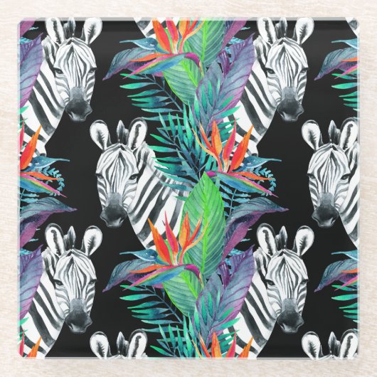 Zebra en exotische bloemen patroon 2 glazen onderzetter (Voorkant)