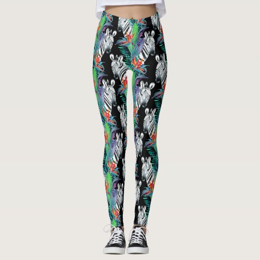 Zebra en exotische bloemen patroon 2 leggings (Voorkant)