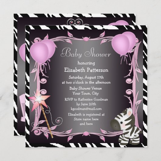 Zebra- en magische-wand-roze-prinses Baby shower Kaart (Voorkant / Achterkant)