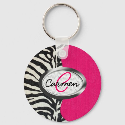 Zebra en neonroze met metallisch monogram sleutelhanger (Voorkant)