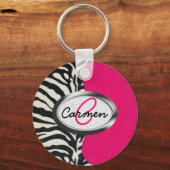 Zebra en neonroze met metallisch monogram sleutelhanger (Voorkant)