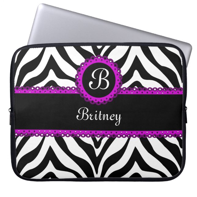 Zebra en Paarse monogram laptophoes Laptop Sleeve (Voorkant)