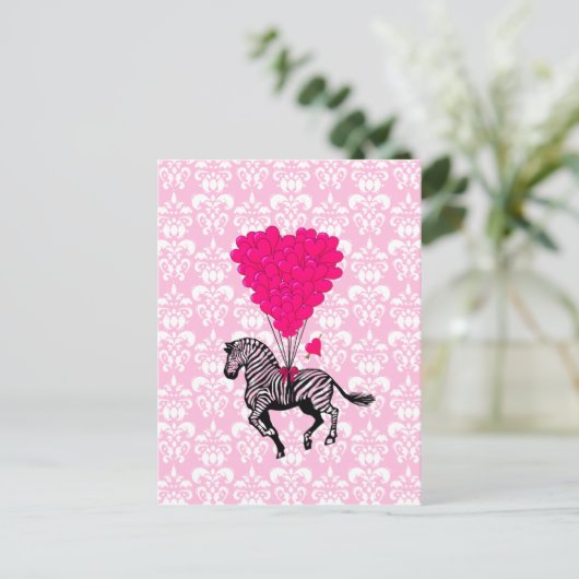  zebra en roze hartballonnen briefkaart (Staand voorkant)
