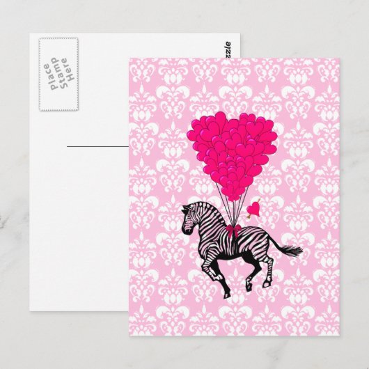 zebra en roze hartballonnen briefkaart (Voorkant / Achterkant)