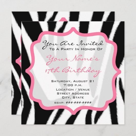 Zebra- en roze verjaardag kaart (Voorkant / Achterkant)