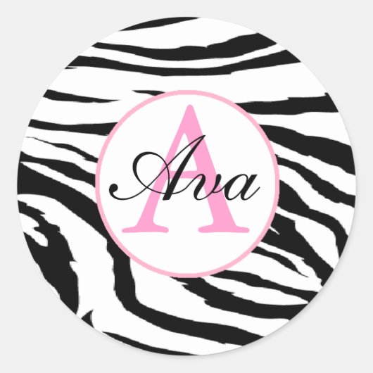 Zebra en Snoep Roze Monogram Naam Sticker (Voorkant)