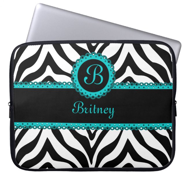 Zebra- en Turquoise Lace Monogram-laptophoes Laptop Sleeve (Voorkant)