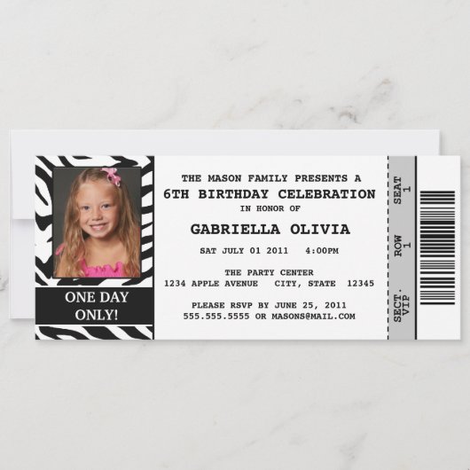 Zebra Event Ticket Birthday Party Invitation Kaart (Voorkant)