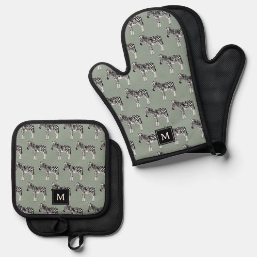 Zebra Exotisch Dierenpatroon Sage Groen Monogram Ovenwant & Pannenlap Set (Voorkant / Achterkant)