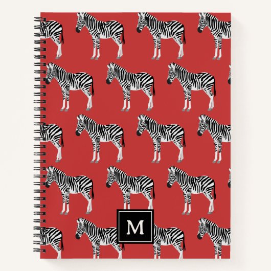 Zebra Exotisch dierpatroon Deep Red Monogram Notitieboek (Voorkant)